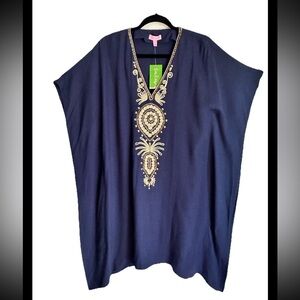 LILY PULITZER Chai Caftan Navy Gold Embellishments V-Neck Sz S/M  NWT